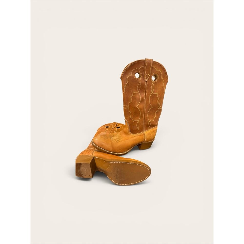 Vintage 70s Acme Tan Leather Cowboy Boots 6B PRISTINE Like New Western Americana - Picture 2 of 3